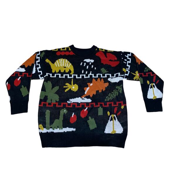 Dinosaurs Pattern Black Knit Retro Crewneck Long Sleeve Ugly Sweater Unisex - Picture 4 of 5